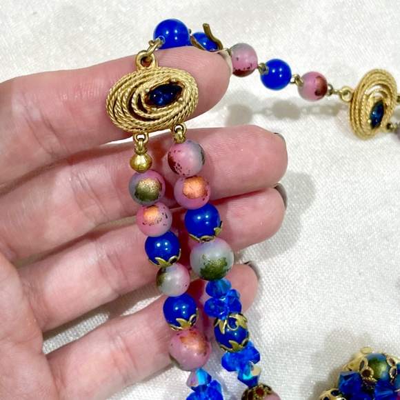 Vintage Aurora Borealis Blue Crystal Bead Necklace Earrings Clip On Retro - Picture 9 of 12